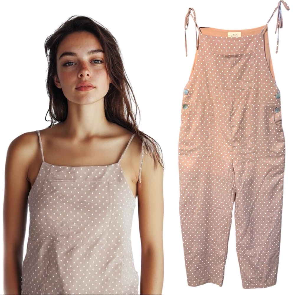 Fantastic Fawn Tan with White Polka Dots Tie Strap Straight Leg Overalls EUC L